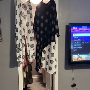 Polka Dot Asymmetrical Midi Dress in Black and White with pants.